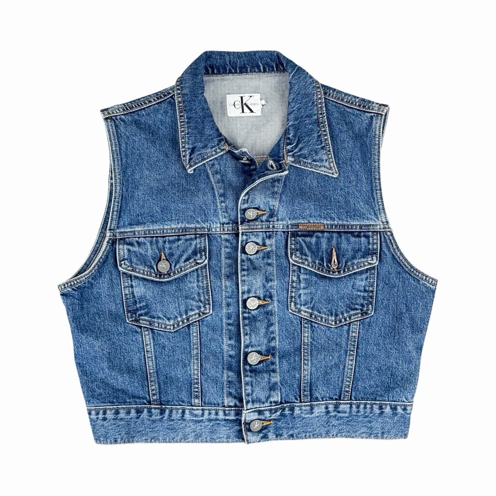 Vintage Calvin Klein Jeans Denim Vest Wom Blue Trucker Sleeveless Jacket Large